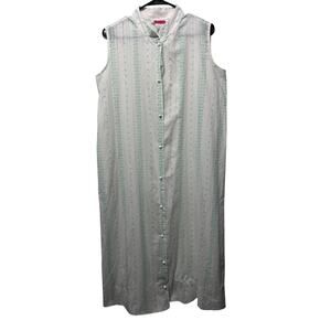 VTG Loll Ease Sleeveless Floral House Dress L White Green Button Front Lounge